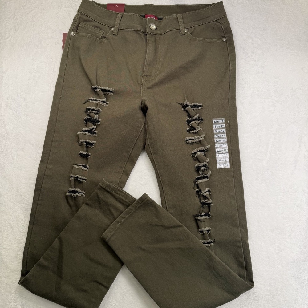 T&Y Fashion Jeans Womens 17/18 Distressed Olive Green Spandex Grunge Urban